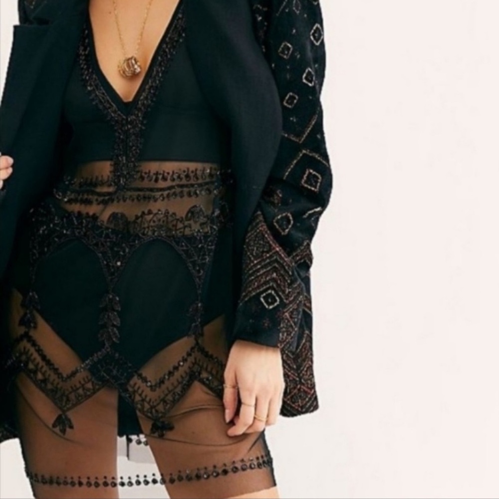 Free People Black Embroidered Sheer Mini Dress